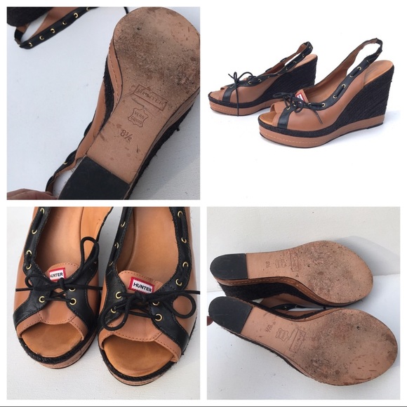 HUNTER boot wedge Sandals shoes 8 1/2 tie peep toe - Picture 2 of 8